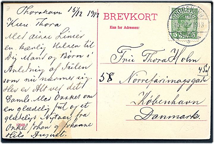Færøerne, kort over. No. 17568. Frankeret med 5 øre Chr. X, sendt fra Thorshavn d. 15-12-1913, annulleret med Thorshavn Bro I.