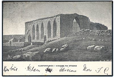 Færøerne, Strømø, Klosterruinen i Kirkebø. MR & C u/no. Frankeret med 5 øre våben, annulleret Thorshavn d. 4-7-1904 Bro I, sendt til Danmark.