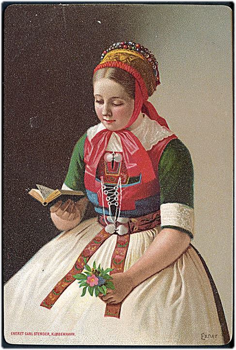 Kartonkort, pige i nationaldragt. Tegnet af Julius Exner. U/no.