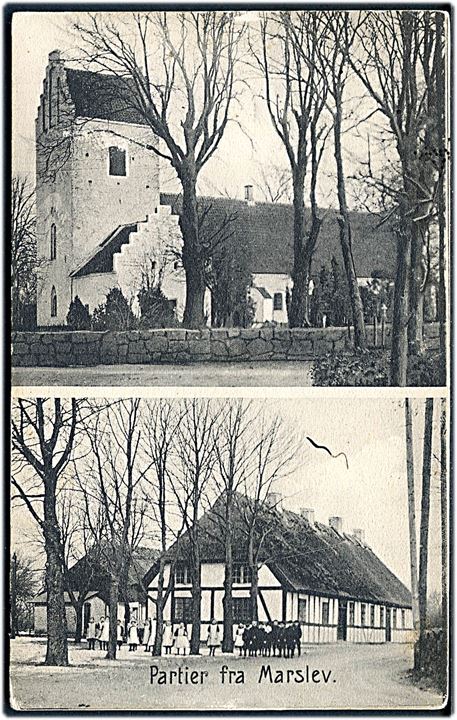 Marslev, kirker og skolen. Frankeret med 5 øre Fr. VIII, annulleret Lap. IIb 2. periode, d. 25.2.1910.
