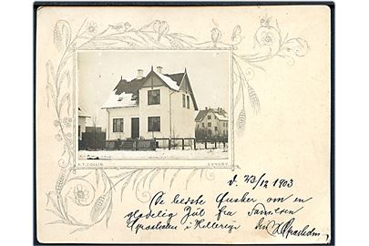Kartonkort med opklæbet privatfoto af villa fra familie i Hellerup. Tryk A.T. Collin, Lyngby u/no. 