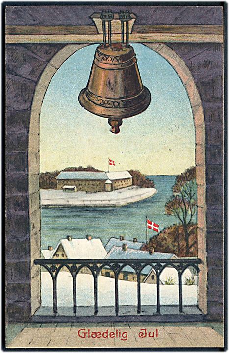 Sønderborg, tegnet julekort fra kirketårnet med udsigt til Sønderborg slot. Stenders u/no. 