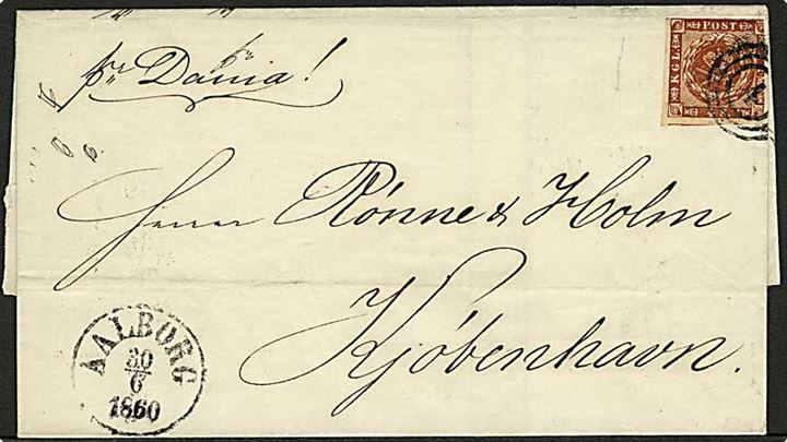4 sk. 1858 udg. på brev annulleret med nr.stempel 4 og sidestemplet antiqua Aalborg d. 30.6.1860 til Kjøbenhavn. Påskrevet: pr. Dania.