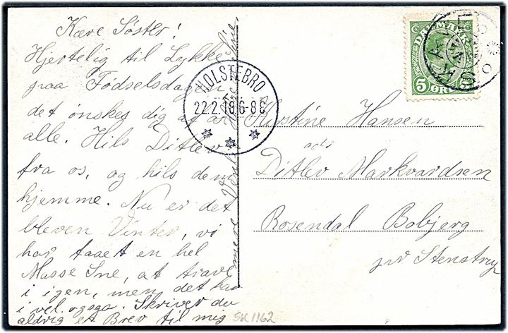 5 øre Chr. X på brevkort (Aarhus, Nørreallé) annulleret med stjernestempel SKAVE og sidestemplet brotype IIb Holstebro d. 22.2.1918 til Stenstrup.