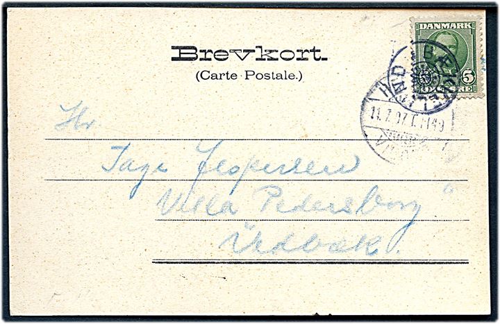 5 øre Fr. VIII på brevkort (Hald Sø) annulleret med stjernestempel BÆKKELUND og sidestemplet bureau Herning - Viborg d. 11.7.1907 T.1149 til Vedbæk.