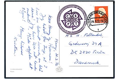 30 c. på brevkort annulleret med særstempel 's-Gravenhage-CEPT d. 21.2.1977 og sidestemplet med CEPT konference stempel til Virum, Danmark. Sendt fra dansk deltager.