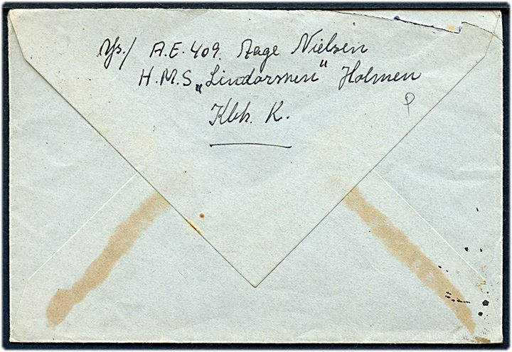 10 øre Chr. X i parstykke på brev fra København d. 14.6.1946 til Skive. Sendt fra sømand ombord på mineskibet Lindormen, Holmen, København K.