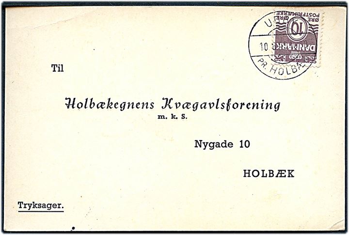 10 øre Bølgelinie på tryksagskort annulleret med pr.-stempel Udby pr. Holbæk d. 10.6.1949 til Holbæk.