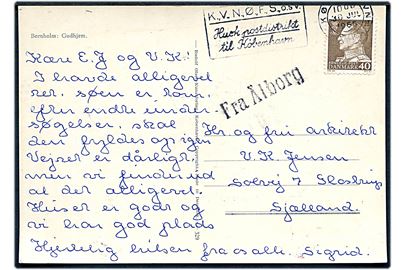 40 øre Fr. IX på brevkort fra Gudhjem annulleret København d. 30.7.1965 og sidestemplet med skibsstempel Fra Ålborg (34 mm) til Glostrup. Formodentlig forkert skibsstempel, da kortet skulle sidestemplet Fra Rønne.