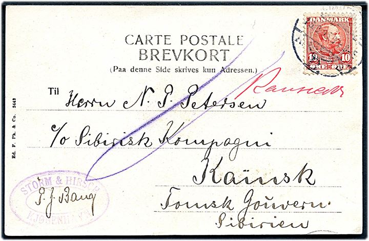 10 øre Chr. IX på brevkort fra Kjøbenhavn d. 16.8.1905 til Sibirisk Kompagni i Kainsk, Tomsk Gouv., Sibirien.