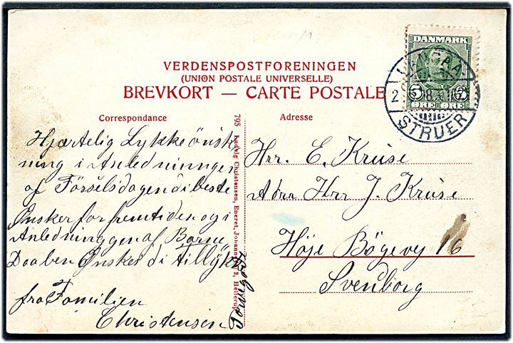 5 øre Fr. VIII på brevkort (Skive Kommuneskole) annulleret med bureaustempel Langaa - Struer T.1022 d. 2.6.1908 til Svendborg.