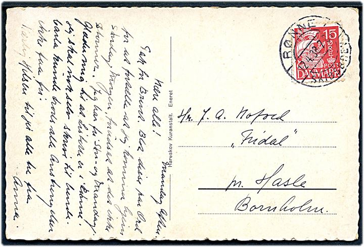 15 øre Karavel på brevkort (Hareskov Kuranstalt) annulleret med brotype IIb Rønne Skibsbrev d. 12.4.1938 til Hasle på Bornholm.
