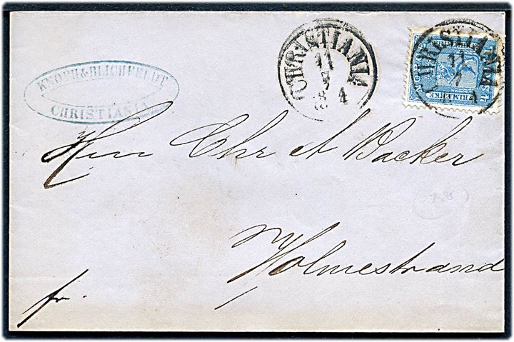 4 sk. Løve på brev stemplet Christiania d. 11.7.1864 til Holmestrand.