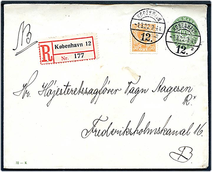 10 øre helsagskuvert (fabr. 32-K) opfrankeret med 30 øre Chr. X sendt som anbefalet lokalbrev i København d. 2.3.1922.