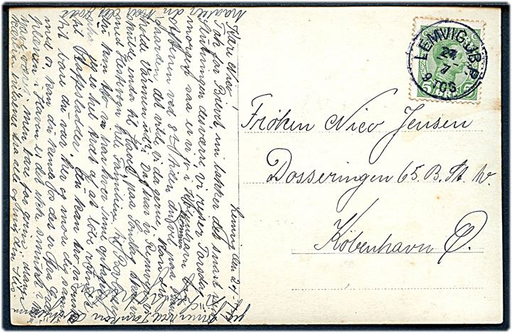 5 øre Chr. X på brevkort annulleret med lapidar Lemvig JB.P. d. 24.7.1914 til København. Meget sen anvendelse af lapidar stempel.