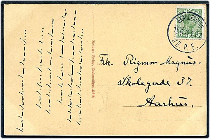 5 øre Chr. X på brevkort annulleret med brotype IIIb Skanderborg JB.P.E. d. 11.6.1918 til Aarhus. Meddelelse formodentlig skrevet med morse tegn.