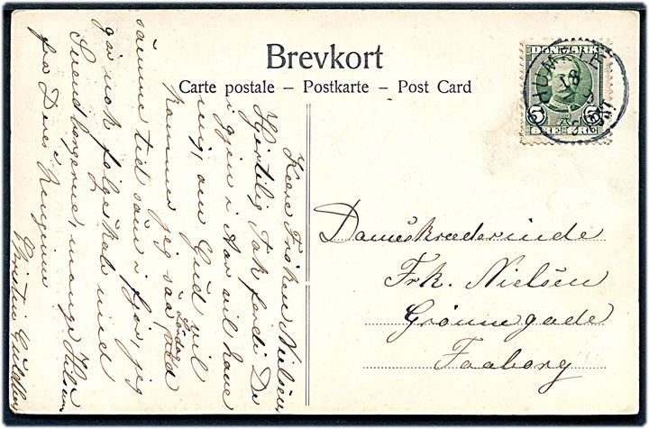 5 øre Fr. VIII på brevkort annulleret med lapidar Humble d. 18.9.190x til Faaborg.