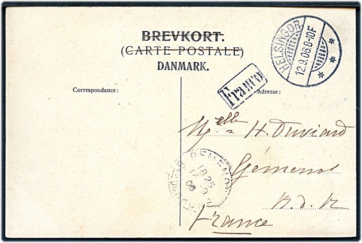 5 øre Chr. IX på billedsiden af brevkort sendt som tryksag fra Helsingør d. 12.9.1906 til Gemenot, Frankrig. Rammestempel Franco for at tydeliggøre at kortet frankeret.