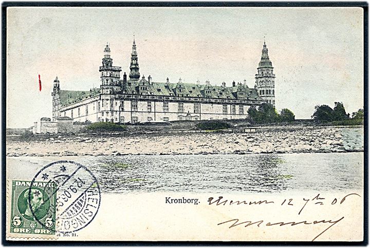 5 øre Chr. IX på billedsiden af brevkort sendt som tryksag fra Helsingør d. 12.9.1906 til Gemenot, Frankrig. Rammestempel Franco for at tydeliggøre at kortet frankeret.