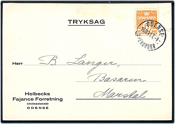 6 øre Bølgelinie på tryksagskort fra Odense annulleret med empel Odense - Svendborg T.8 d. 15.11.1941 til Marstal.
