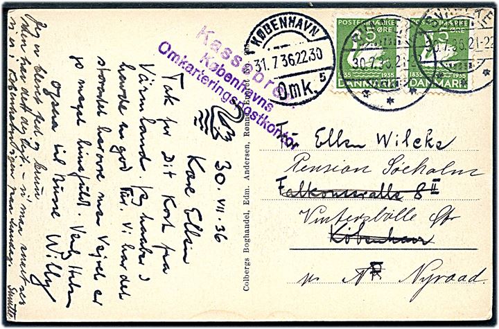 5 øre H. C. Andersen (2) på brevkort (Torvet i Svaneke) annulleret med brotype Ic Svaneke d. 30.7.1936 til København - privat omadresseret til Vintersbølle pr. Nyraad med violet stempel: Kassebrev Københavns Omkarteringspostkontor.
