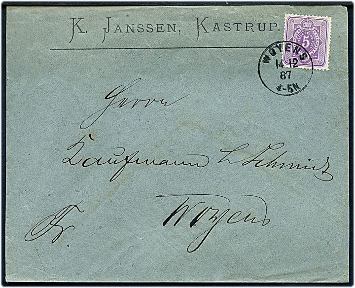 5 pfg. Ciffer single på lokalbrev fra Kastrup annulleret med enringsstempel Woyens d. 14.12.1887 til Vojens.