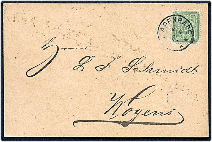 3 pfg. Ciffer single på tryksagskort annulleret med enringsstempel Apenrade ** d. 8.4.1886 til Woyens.