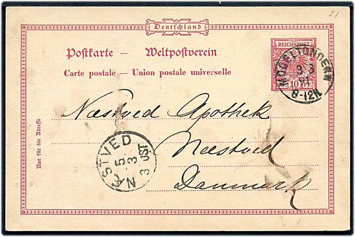 10 pfg. helsagsbrevkort fra Schakenborg annulleret med enringsstempel Mögeltondern d. 3.3.1891 til Næstved, Danmark.