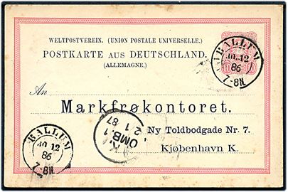 10 pef. helsagsbrevkort annulleret med 2-ringsstempel Ballum d. 10.12.1886 til København.