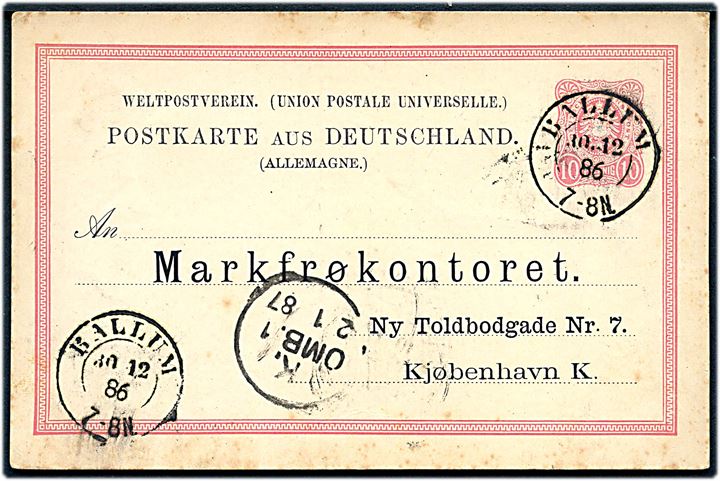 10 pef. helsagsbrevkort annulleret med 2-ringsstempel Ballum d. 10.12.1886 til København.