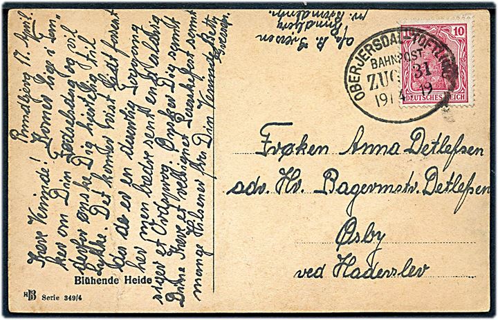 10 pfg. Germania på brevkort annulleret med bureau Oberjersdal - Toftlund Bahnpost Zug 31 d. 19.4.1919 til Osby pr. Haderslev.