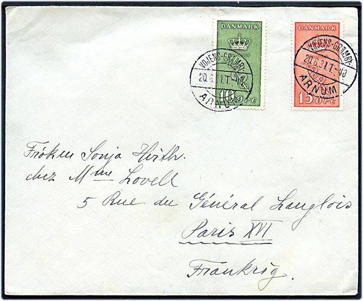 10+5 øre og 15+5 øre Kræftmærke på brev fra Gram annulleret med bureau Vojens - Gramby - Arnum T.48 d. 20.6.1931 til Paris, Frankrig.