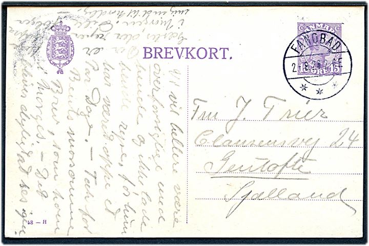15 øre Chr. X helsagsbrevkort (fabr. 58-H) annulleret med brotype IIa Fanøbad d. 2.8.1920 til Gentofte.