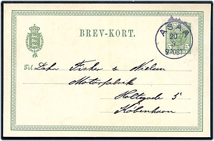 5 øre Fr. VIII helsagsbrevkort annulleret med lapidar Asaa d. 20.3.1910 til København. Lapidar stempel anvendt ca. 3 mdr. senere end angivet i Skilling.