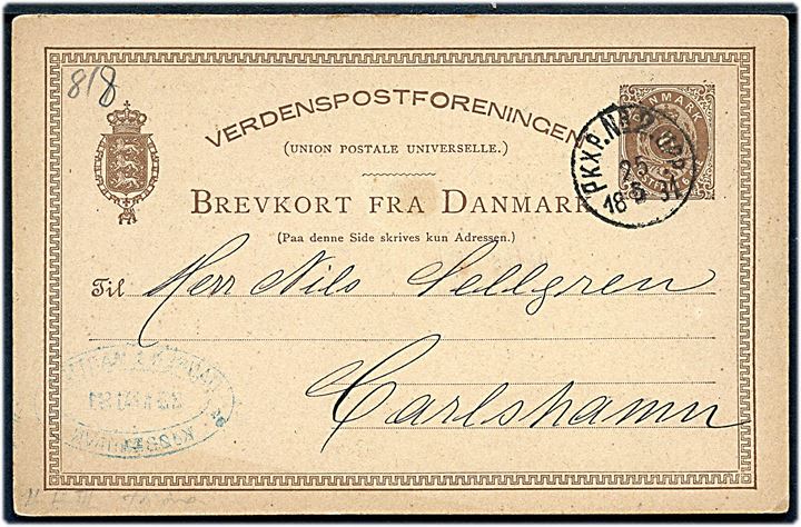 6 øre helsagsbrevkort fra København annulleret med svensk bureaustempel PKXP No. 2 UPP d. 25.5.1881 til Carlshamn, Sverige.