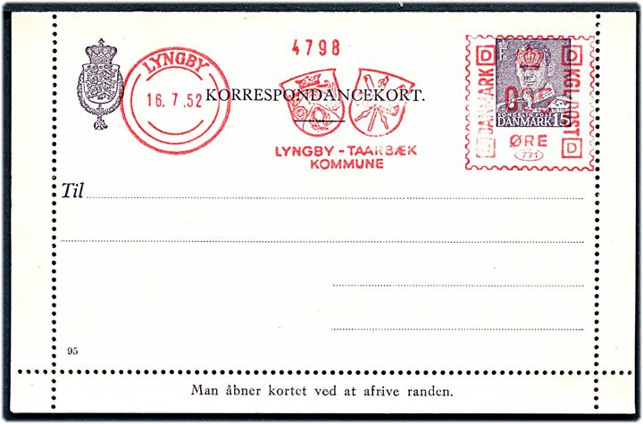 15 øre Fr. IX helsagskorrespondancekort opfrankeret med 5 øre firmafranko fra Lyngby-Taarbæk Kommune i Lyngby d. 16.7.1952. Ubrugt.