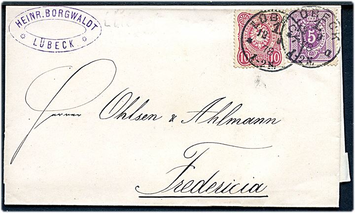 5 pfg. Ciffer og 10 pfg. Adler på 15 pfg. frankeret brev fra Lübeck d. 12.9.1878 til Fredericia, Danmark. Særtakst fra hertugdømmerne til Danmark.