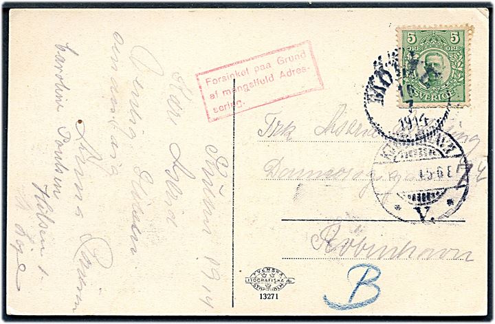 5 öre Gustaf på brevkort fra Mölle d. 16.7.1914 til København. Rammestempel Forsinket paa Grund af mangelfuld Addressering..