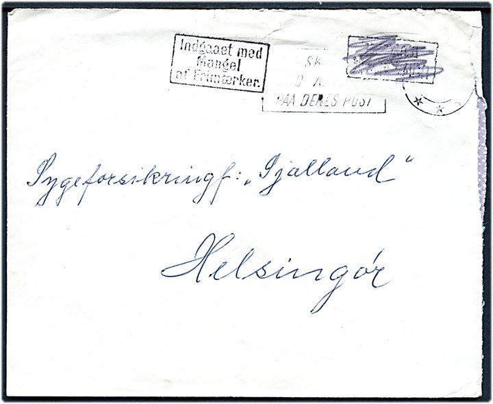 Brev fra Holbæk ca. 1950 med affaldet frimærke til Helsingør. Fejlagtigt stemplet Utilstrækkeligt frankeret - slettet og tilføjet nyt stempel Indgaaet med Mangel af Frimærker.