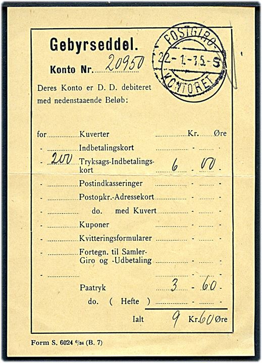 Gebyrseddel - formular Form. S.6024 6/34 (B.7) med brotype IIi Postgiro- Kontoret litra S d. 22.1.1935.