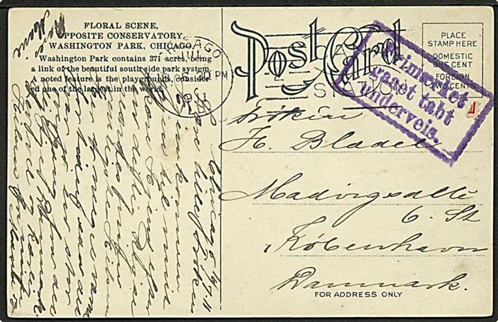 Brevkort fra Chicago d. 16.7.1911 til København, Danmark. Violet rammestempel: Frimærket gaaet tabt underveis..