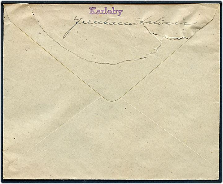 50 øre Chr. X single på fortrykt kuvert fra Stubbekøbing-Nykøbing-Nysted Banen sendt anbefalet fra Karleby d. 1.7.1948 til København. Afsender tilføjet liniestempel Karleby.