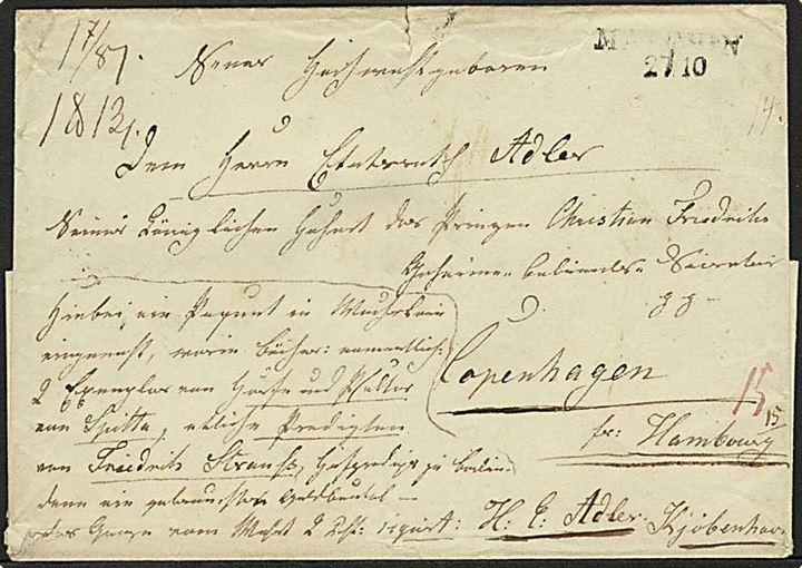 1851. Pakkefølge brev med liniestempel Malchin d. 27.10.1851 via K.D.P.A. Hamburg d. 6.11.1851 til København, Danmark. 