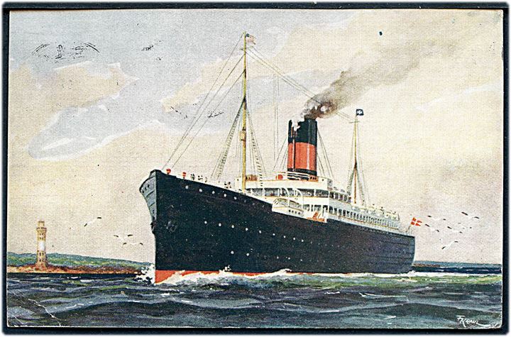 15 øre Karavel på brevkort (Skandinavien Amerika Linie S/S Oscar II) skrevet ombord på S/S Oscar II og annulleret med norsk stempel i Oslo d. 12.6.1930 til Gentofte, Danmark.