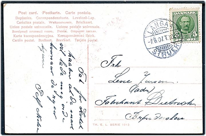 5 øre Fr. VIII på brevkort annulleret med bureaustempel Langaa - Struer T.1021 d. 7.6.1907 til Brønderslev.