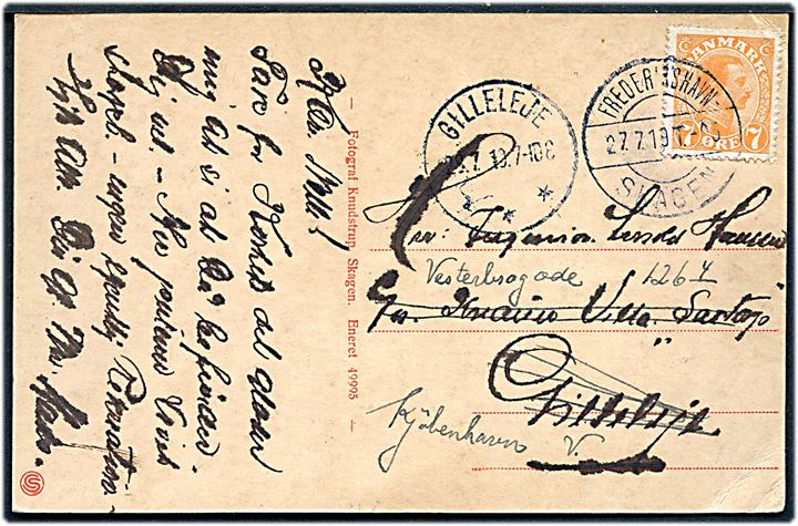 7 øre Chr. X på brevkort annulleret med bureaustempel Frederikshavn - Skagen T.05 d. 27.7.1919 til Gilleleje - eftersendt til København med brotype IIIb Gilleleje d. 28.7.1919.