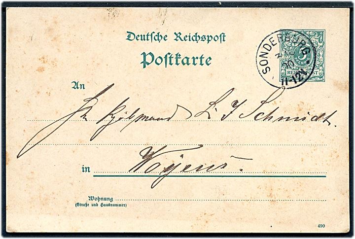 5 pfg. helsagsbrevkort annulleret med enringsstempel Sonderburg ** d. 3.10.1890 til Vojens.