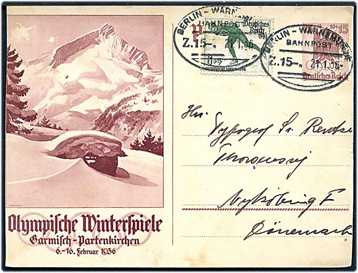 10+15 pfg. illustreret Vinter-Olympiade helsagsbrevkort opfrankeret med 6+4 pfg. Vinter-Olympiade fra Berlin annulleret med bureaustempel Berlin - Warnemünde Bahnpost Z.15 d. 21.1.1936 til Nykøbing F., Danmark.