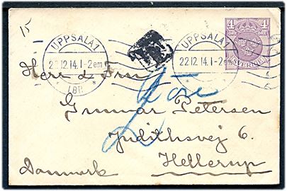 4 öre helsags tryksags-kuvert sendt underfrankeret fra Uppsala d. 22.12.1914 til Hellerup, Danmark. Sort T-stempel og udtakseret i 2 øre dansk porto.
