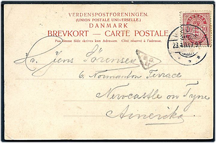 10 øre Våben på brevkort fra Viborg d. 23.?.1903 til Newcastle on Tyne Amerika. Mon ikke det et skulle til England.